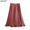 Women Elegant Polka Dots Print Hem Ruffles Split Skirt Faldas Mujer Ladies Back Zipper Chic Summer A Line Vestidos QUN735 210416