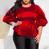 Plus Size Koszulka T-shirt 2021 Jesień Europejski Amerykański Lace-Up Kolor Okrągły Neck Latarnia Rękaw Dorywczo Moda Damska Bluzka