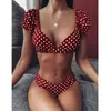 2021 Sexy Deep V Bikini Kobiety Swimwear Krótki Rękaw Swimsuit Polka Dot Bikini Zestaw Push Up Kostiumy kąpielowe Plaża Nosić kostium kąpielowy X0522