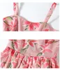 夏のサンドレス女性ヴィンテージ甘い若いピンクのユリの花プリントスパゲッティストラップAラインパーティービーチドレスプラスサイズ210421