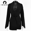 INGOO Lace Up Waist Long Sleeve Lapel Blazers Suit Women Solid Elegant Office Ladies Casual Jacket Coat Fashion Street Outwear 211006