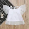 Tjejer kläder mode sommar set dot net garn flygande ärm vit t-shirt + pärla blomma kjol 2pcs barn sätter 210515