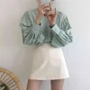 Ezgaga plaid blus kvinnor koreansk söt mode o-nacke lång lykta ärmlös flicka skjortor all-match anbud casual blusas 210430