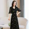 Frauen Schwarz Chiffon Kleider Sommer Kurzarm V-ausschnitt Kleid Weibliche Blumen Druck Elegante Vestido Plus Größe 3XL 210514