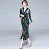 Fashion Leopard Printed Velvet Women Winter Notched Double-Breasted Office Lady Elegant Split Bodycon Long Dress With Belt 210416