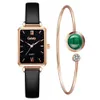 Lady Watches Fashion Square Quartz Watch Armband Set Simple Green Dial Rose Gold Mesh