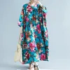 Johnature Casual Loose Drukuj Letnia Sukienka Kieszenie Mid-Calf Naturalny Batwing Rękaw O-Neck Cotton Wygodne kobiety Dress 210521