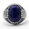 Lapis Lazuli Män 925 Sterling Blue Stone Vintage Stripe Ring Turkiska Thai Silver Smycken För Man Kvinnor Present