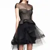 [DEAT] Women Black Round Neck High Waist Short Sleeve Solid Color Hollow Out Loose Sexy Dress Summer Fashion 13C600 210527