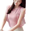 Women Tops Summer Knitted Lace Splice sleeveless Blouses Shirts Hollow Out Female Elegant Flower blouses 838E3 210420