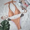 Damskie stroje kąpielowe 2021 Seksowne kryształowe diamentowe bikini zestaw Kobiet Swimsuit Kanter Push Up Solid Brazylian Bathing garnitur Letnia odzież plażowa