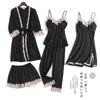 Spring And Autumn Women's Pajamas Five Piece Set Sexy Korean Lace Suspender Ice Robe Bathrobe With Bra Two Pants