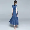 Sommarklänningar Högkvalitativ Casual Slim Lace Patchwork Denim Chic A-Line Sashes High Waist Womens Dress Robe Femme 210518