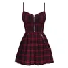 Gothic Girls Red Plaid Pleated Emo Alt Dress Y2K Zip Up Robe Femme Punk Black Spaghetti Strap Mini Short Jurken Goth Streetwear 220311