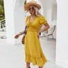 Seksi V Yaka Gevşek Katı Midi Elbise Yaz Yüksek Bel Ruffled Kısa Kollu Kadınlar Plaj Ruffled Tatil Vintage 210508
