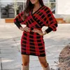 Femmes Sexy Dos Nu Pull Robe Automne Rétro Plaid Imprimer Criss Cross Tricot Robe De Soirée D'hiver Double Col En V Mince Mini Robe G1214