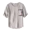 864 Ny sommar man T-shirt Linen Plaid Short-Sleeved O-Neck Trend Enkel Casual Loose Male Pullovers Youth Tops Tees Kläder H1218