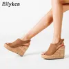 Eilyken 2021 새로운 패션 Peep 발가락 플랫폼 웨지 발 뒤꿈치 Womens Leopard 곡물 샌들 발목 버클 스트랩 캐주얼 슬라이드 신발 Y0305