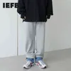 IEFB Korean Fashion Denim Patchwork Drawstring Botten Casual Sweatpants Spring Grå Sport Lösa Leggings Byxor 9Y6154 210524