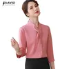 Gömlek Kadın Moda Yaz Basit Yay Tasarım Casual Yarım Kollu Şifon Bluzlar Ofis Bayanlar Çalışma Tops 210604