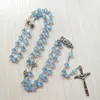 Hänge halsband religiösa Crucifix Cross Our Lady of Guadalupe Chaplet Blue Cat's Eye Opal Beads Chain Rosary Necklace Church Prayer Jewel