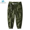 332 Men Spring Fall Solid Color Khaki Army Green Pants Multi Pocket Hip Hop Elastic Waist Belt High Quality Casual Cargo Trouser 210715