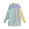 Moda Patchwork Listrado Color-Block Mulheres Camisa Primavera Verão Elegante Bolso Único Breasted Lapel Blusa All-Match 210521