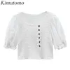 Kimutomo Branco Bordado Bordado Bordado Mulheres Collar Curta Manga Curta Camisa Verão Feminino Breasted Slent Top Elegant 210521