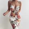 Casual Dresses White Flower Print Strap Midi Dress Women V-neck Bodycon Slit Sexy Elegant Party Club Streetwear 2021 Summer Autumn Woman