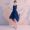 ローブデブイブニングドレスSoiree Navy Blue O-NeckノースリーブレースVestido de Festa Short Front Long Back Party Dresses