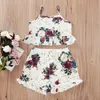 Zomer baby rompertjes kleding riem print floral tops ruches korte broek schattige meisjes 2 stuks sets baby kostuum 1-5t 210629