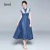 Sommarklänningar Högkvalitativ Casual Slim Lace Patchwork Denim Chic A-Line Sashes High Waist Womens Dress Robe Femme 210518