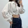 Lucyever sommar vit långärmad spets upp kvinnor skjortor modeback split nedräkning krage skjorta kvinna koreanska kontoret damer toppar 210521