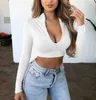 Women Long Sleeve Crop Tops V Neck Zip Bandage T-Shirt Summer Beach Slim Fitness Bodycon Casual Solid Party Sexy Streetwear Top Women's