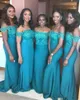 2021 Turquoise Mermaid Bridesmaid Dresses Lace Applique Off the Shoulder Chiffon Sweep Train Custom Made Plus Size Maid of Honor Gown