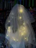 60CM luminoso LED velo da sposa lunghezza spalla perle veli da sposa bianchi copricapo da principessa per bambini con lampada luci mantiglia filato perline decorazione fiocco in nastro G65ECM0