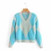 Foridol Vintage Fluffy Argyle Pullovers Mulheres Mulheres Veste Azul Blue Sweater Sweater Fuzzy Casual V Pescoço Camisola Jumpers Inverno 210415