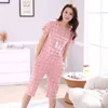 Plus Size Algodão Listrado Pijama Conjuntos para Mulheres Verão Manga Curta Dos Desenhos Animados Pijama Meninas Do Joelho Comprimento Loungewear Homewear Roupas 210330