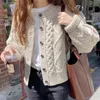 Korean Autumn Women's Sweater Vintage Round Neck Single Breasted Twist Pattern Thick Long Sleeve Knitted Cardigan 210427