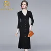 Élégant col en V simple boutonnage femmes noir robe pull à manches longues ceinturé tricot tempérament femme 210506