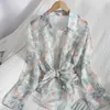 sommar vintage söt lång klänning koreansk cardigan blommig chiffonskjorta med tunn och mild kors suspender tvådelad kvinna 210420