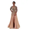 2022 Sexy Champagne Mother Of The Bride Dresses Deep V Neck Beads Crystal Long Sleeves Backless Chiffon Side Split Floor Length Ev278l