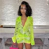 Summer Sexy Retro Print Neon Dress Women's V-neck Long Sleeve Fashion Clothing Casual Party Bodycon Mini Dress 2022 New