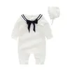 Mudkingdom Baby Boys Girls Rompers med Cap Sailor Style Höst Långärmad Hatt Kläder Gullig pojke Nautical Jumpsuit 210615