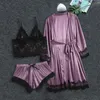 Kvinnors Sleepwear Casual 3 Piece Robes Kvinnor Satin Lace Patchwork Pajamas Set Bröllopsklänning Sommar Sling Vest Långärmad Badrock Loungewea