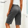LIOOIL GRY BACHGY Proste spodnie Długość kolana Spodnie z kieszeniami Sznurek wysokiej talii joggers kobiet casual luźne spodnie dresowe Q0801