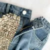 [EWQ] Spring Summer New Studded Raw Fringed Wide-leg Shorts High Waist Hot Rivet All-amtch Black Denim Short QV664 210423