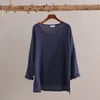 Johnature Mujeres Vintage Camisetas Otoño Nuevo Algodón Lino Sólido Suelto O-cuello Suave Cómodamente Delgado Casual Camisetas inferiores 210330