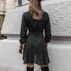 Kobiety Floal A-Line Sukienka Sweet Dot Autumn Sukienki Ruffles V-Neck Bandaż Długim Rękawem Sukienka Dla Lady Elegancka Mini Dress Vestidos Y1204