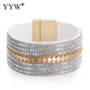 Link Chain Multilayer Wrap PU Leather Woman Bracelets With Rhinestone Boho Wide Braided Magnetic Buckle Bracelet Femme Pulsera Fawn22